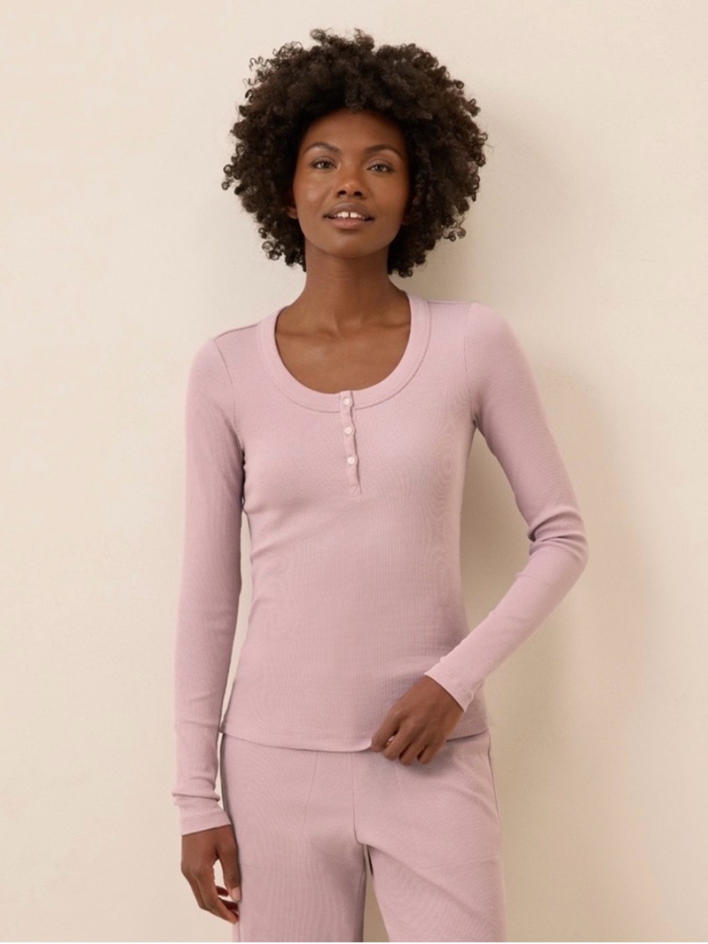 Pact Organic Cotton Easy Ribbed Slim Henley Long Sleeve Top - S